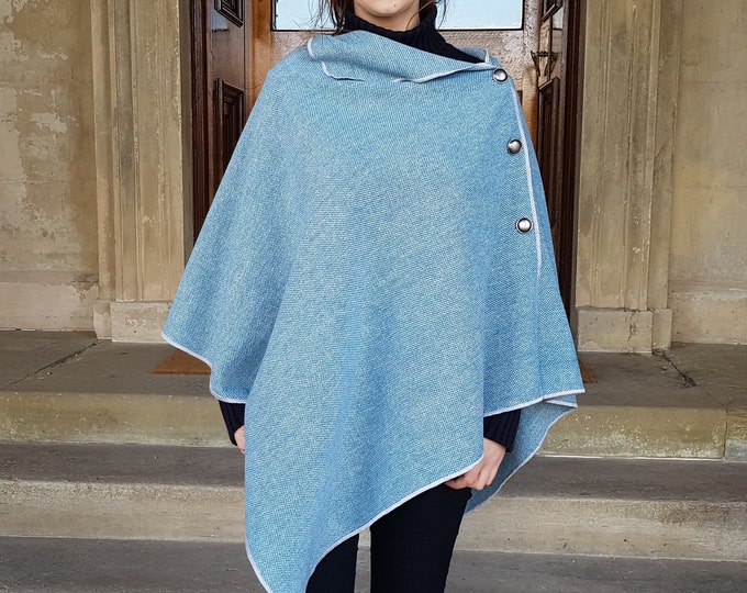 Versatile 3in1-Irish tweed poncho, cape & shawl - teal blue / white chevron - 100% wool - ready for shipping - HANDMADE IN IRELAND