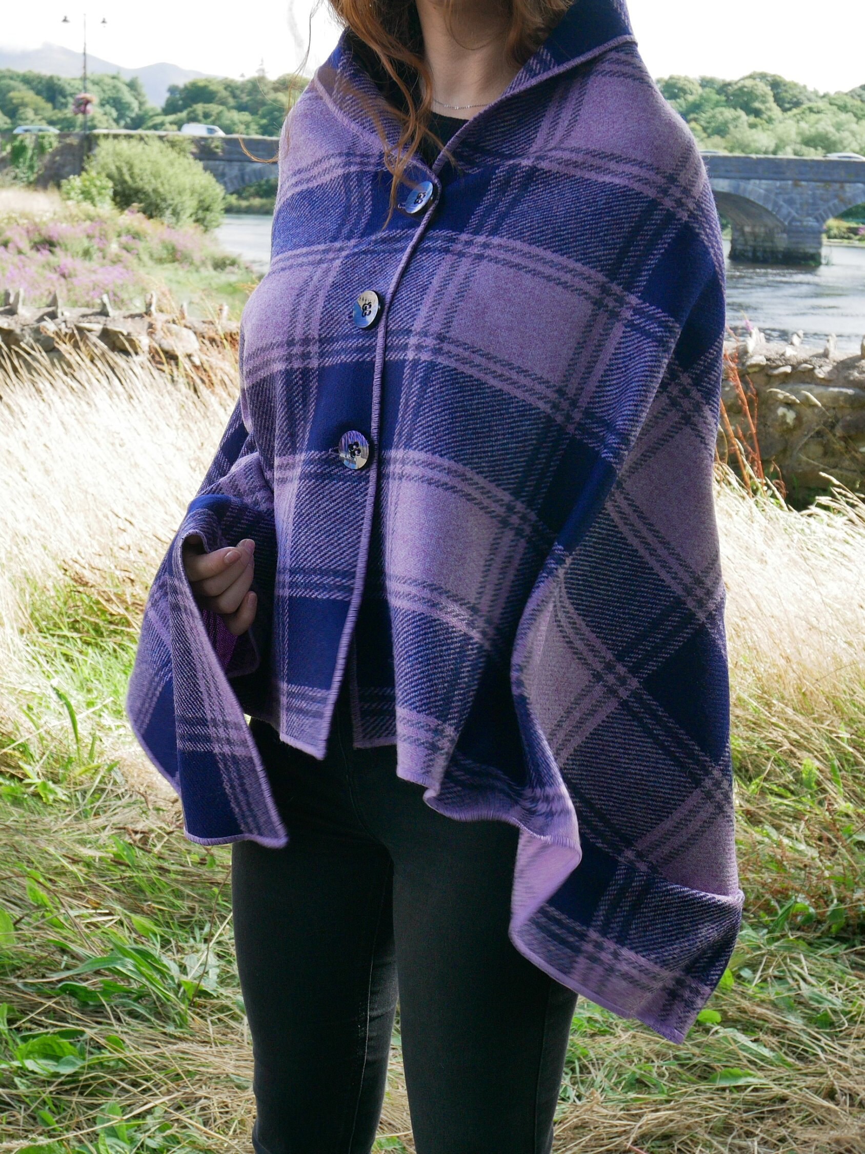 Versatile 3in1 - Irish lambswool poncho, cape & shawl - purple / navy tartan - plaid check