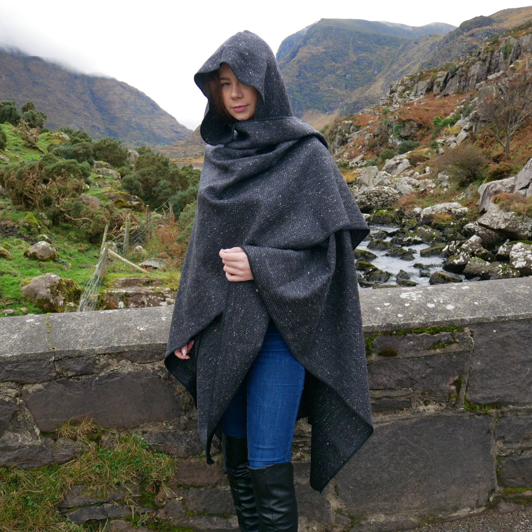 Irish Donegal Tweed Hooded Ruana Wrap Cape Black/ -  Canada