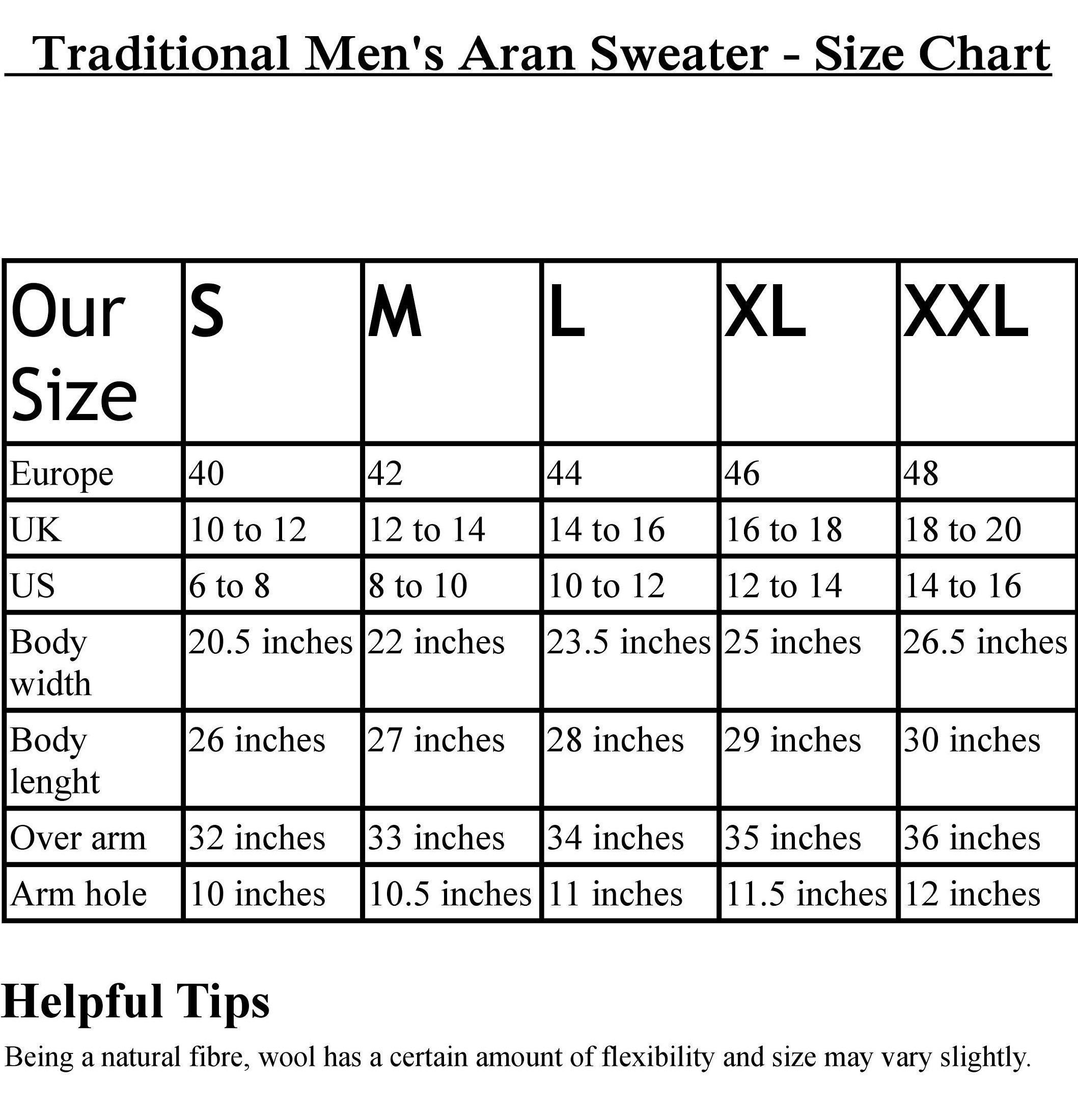 Aran Crafts Size Chart