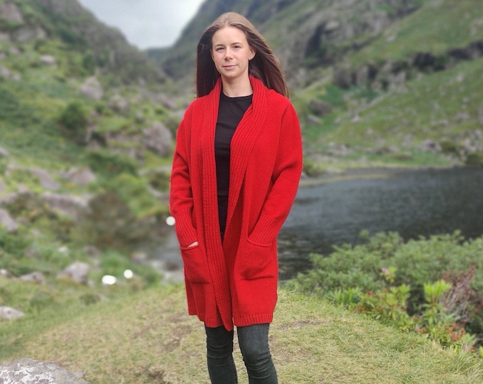 Rib Edge Knitted Long Ladies Jacket with Pockets - 100% Pure New Soft Lambswool - Red - really warm & chunky - HANDMADE IN IRELAND