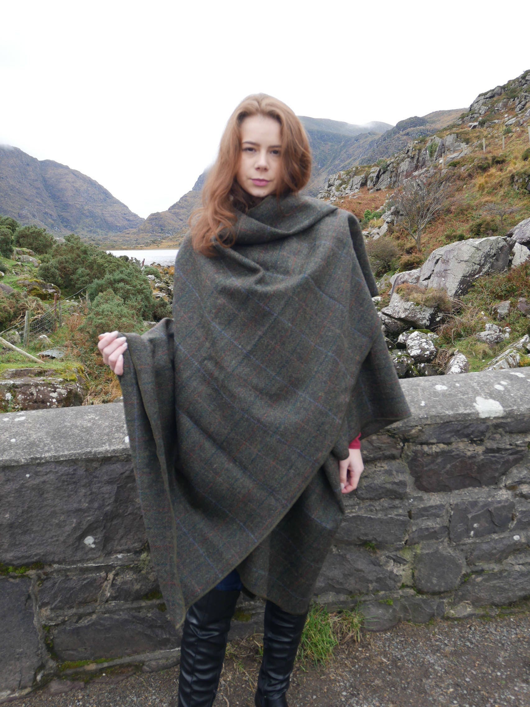 Irish Donegal Tweed Wool Cape, Ruana,Rectangle Cloak -Moss Green ...