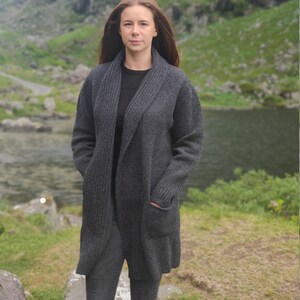 Rib Edge Knitted Ladies Jacket Long with Pockets 100% Pure New Soft Lambswool Charcoal really warm & chunky HANDMADE IN IRELAND image 2