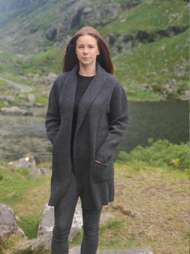 Rib Edge Knitted Ladies Jacket Long with Pockets 100% Pure New Soft Lambswool Charcoal really warm & chunky HANDMADE IN IRELAND image 2