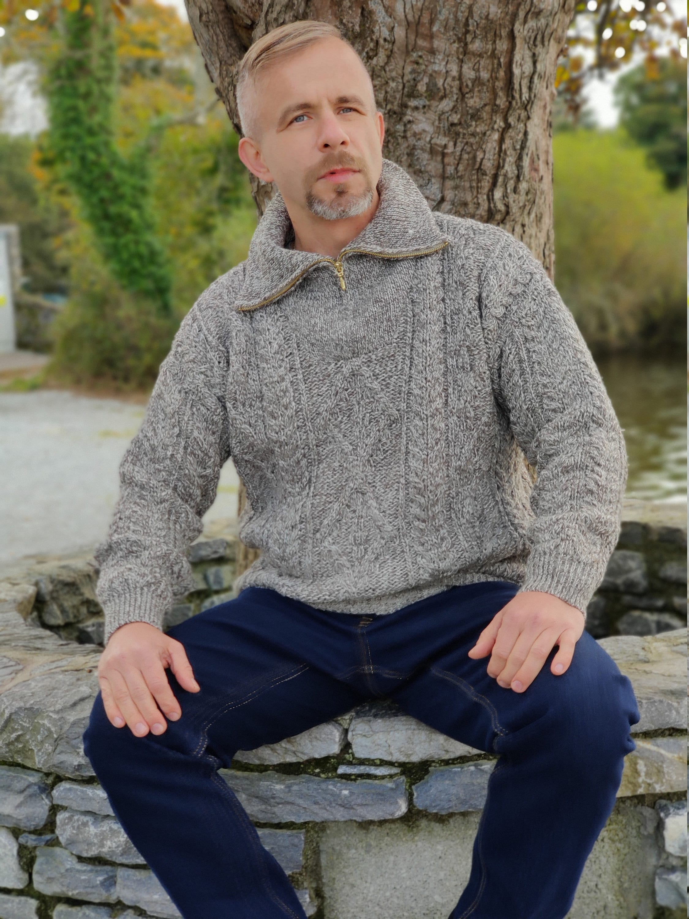 Organic Irish Wool Aran Half Zip Sweater- Oatmeal -Undyed- 100