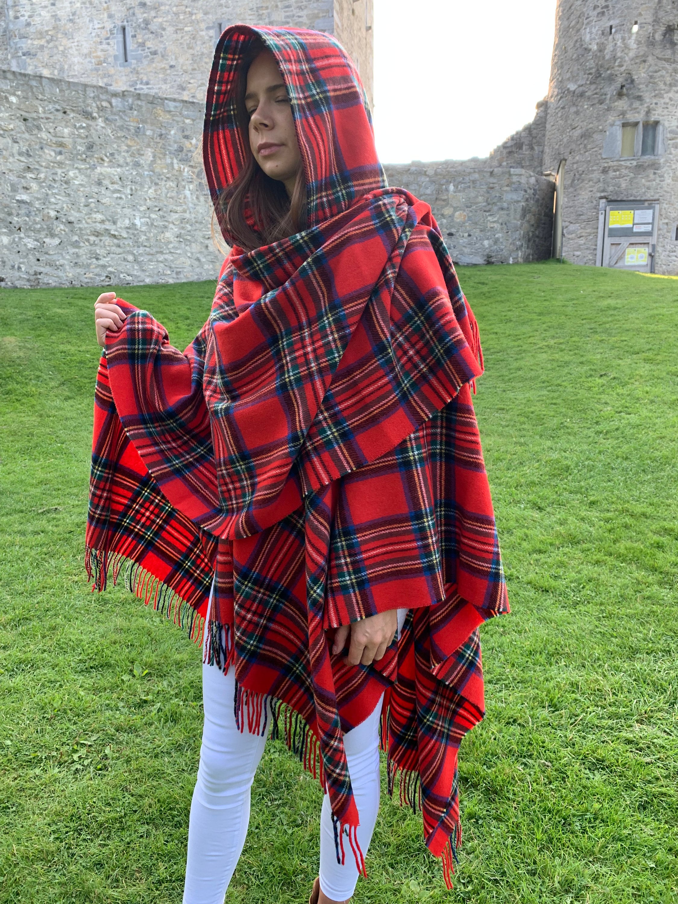 Hooded Irish Pure Lambswool Cape, Ruana, Wrap , Shawl - 100% Pure New Wool  - Grey Denim Check - Supersoft - HANDMADE IN IRELAND