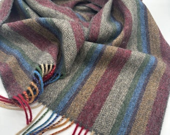 Irish Soft Lambswool Scarf - 100% Pure New Wool - multicolour stripes on herringbone - 24cm x 200cm - very soft - unisex - MADE IN IRELAND