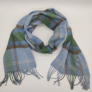 Irish Soft Lambswool scarf - 100% Pure New Wool -blue/green/light brown/white - tartan/plaid check - very soft - unisex -HANDMADE IN IRELAND