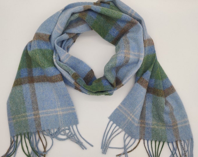 Irish Soft Lambswool scarf - 100% Pure New Wool -blue/green/light brown/white - tartan/plaid check - very soft - unisex -HANDMADE IN IRELAND