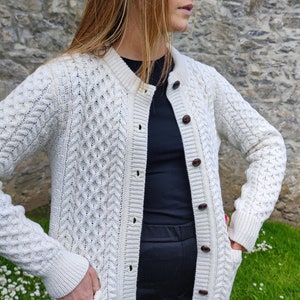 Irish Aran Merino Wool Cardigan Lumber Jacket - Natural White - With Pockets - 100% Pure Merino Wool - Warm & Chunky - HANDMADE IN IRELAND