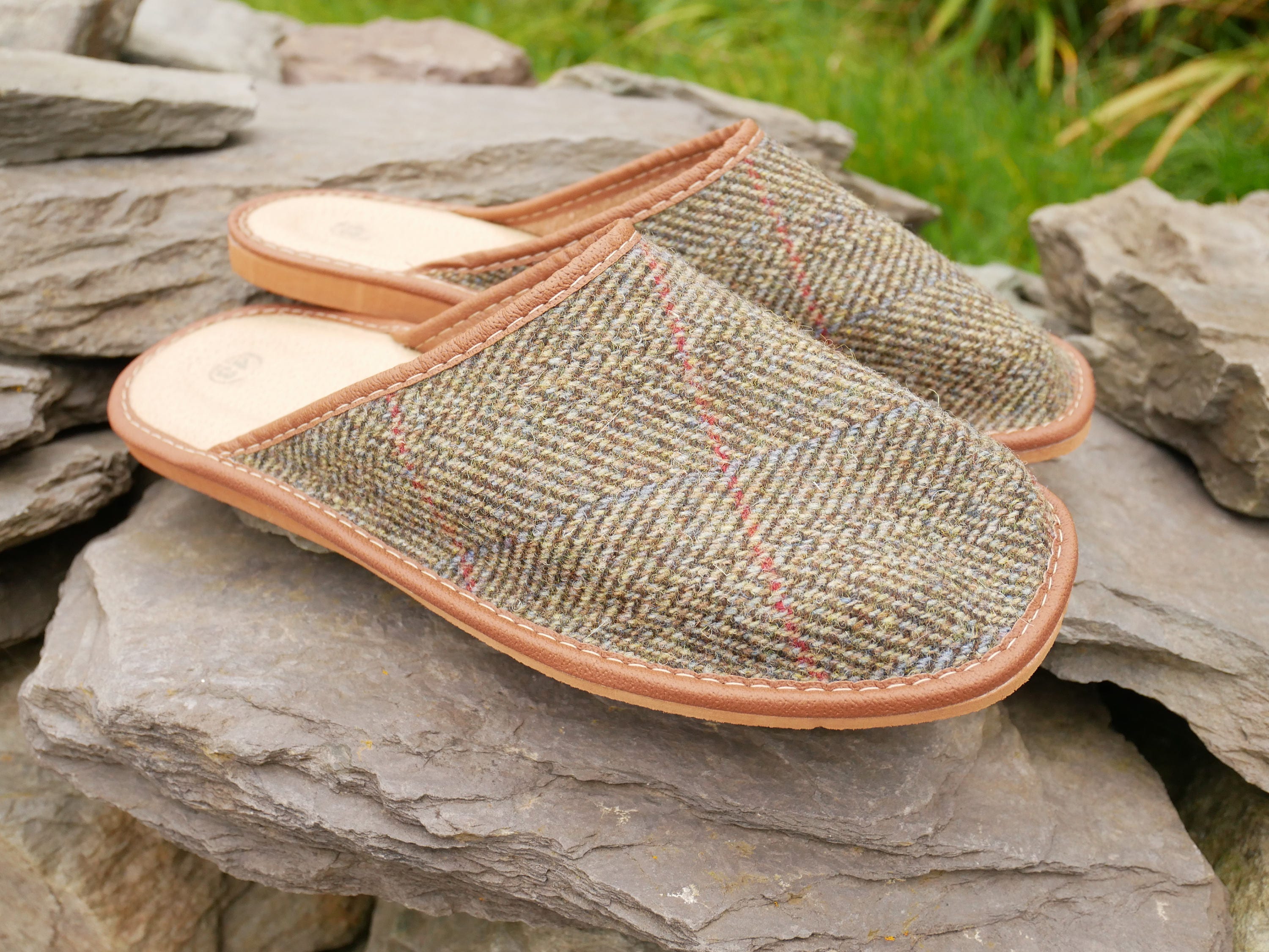 Irish Tweed & Leather slippers FREE SHIPPING with durable solegreen