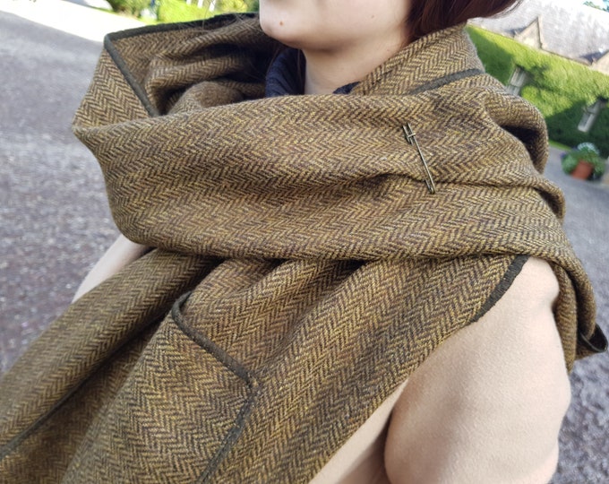Irish tweed shawl, oversized scarf, stole - brown & bronze herringbone - 100% pure new wool - hand fringed - HANDMADE IN IRELAND