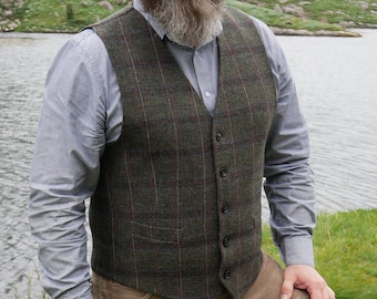 Gilet in tweed irlandese - Gilet stile Peaky Blinders - Tartan/plaid irlandese verde con quadri blu/rossi - 100% lana - Foderato - FATTO A MANO IN IRLANDA