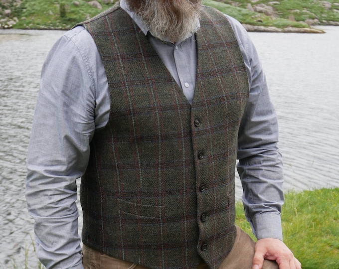 Irish Tweed Waistcoat - Peaky Blinders Style Vest - Green Irish Tartan/Plaid with Blue/Red Check - 100% Wool - Lined - HANDMADE IN IRELAND