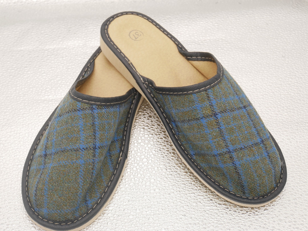 Buy Womens Irish Tweed Leather Slippers Green/blue/black