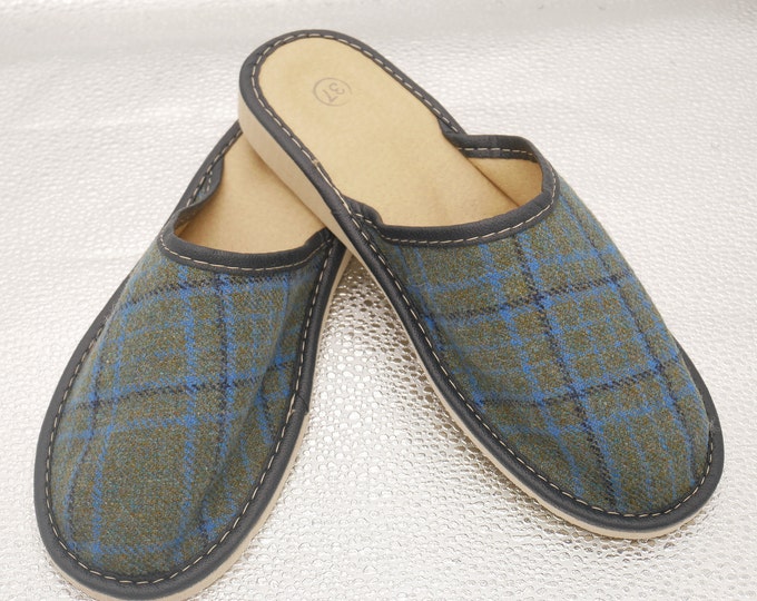 Womens Irish tweed & leather slippers - green/blue/black tartan / plaid check - ready for shipping - MADE IN IRELAND