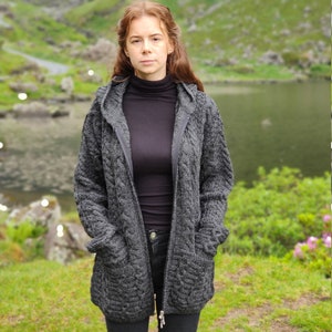 Irish Aran Long Hooded Cardigan With Pockets Charcoal 100% Pure New Wool / Pure Soft Merino Wool Really Warm & Chunky MADE IN IRELAND image 4