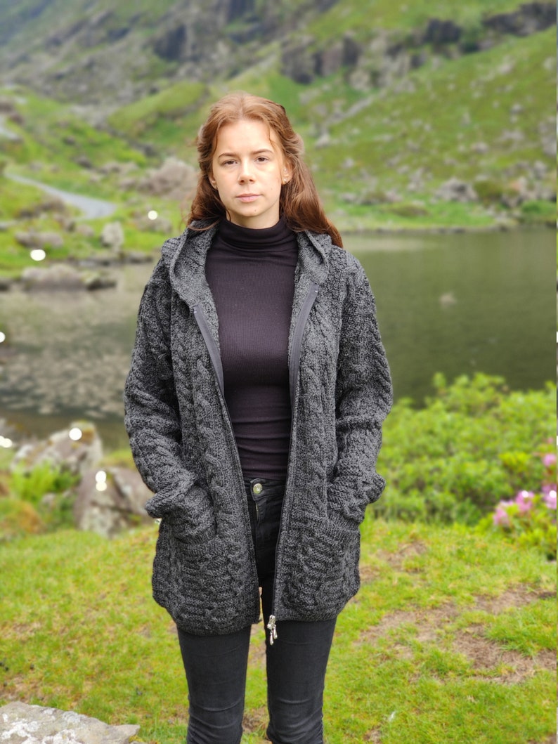 Irish Aran Long Hooded Cardigan With Pockets Charcoal 100% Pure New Wool / Pure Soft Merino Wool Really Warm & Chunky MADE IN IRELAND image 4