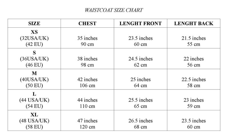 Peut inclure: Tableau des tailles de gilet avec des mesures en pouces et en centim&egrave;tres. Le tableau montre les tailles XS, S, M, L et XL avec les mesures de poitrine, de longueur avant et de longueur arri&egrave;re correspondantes.