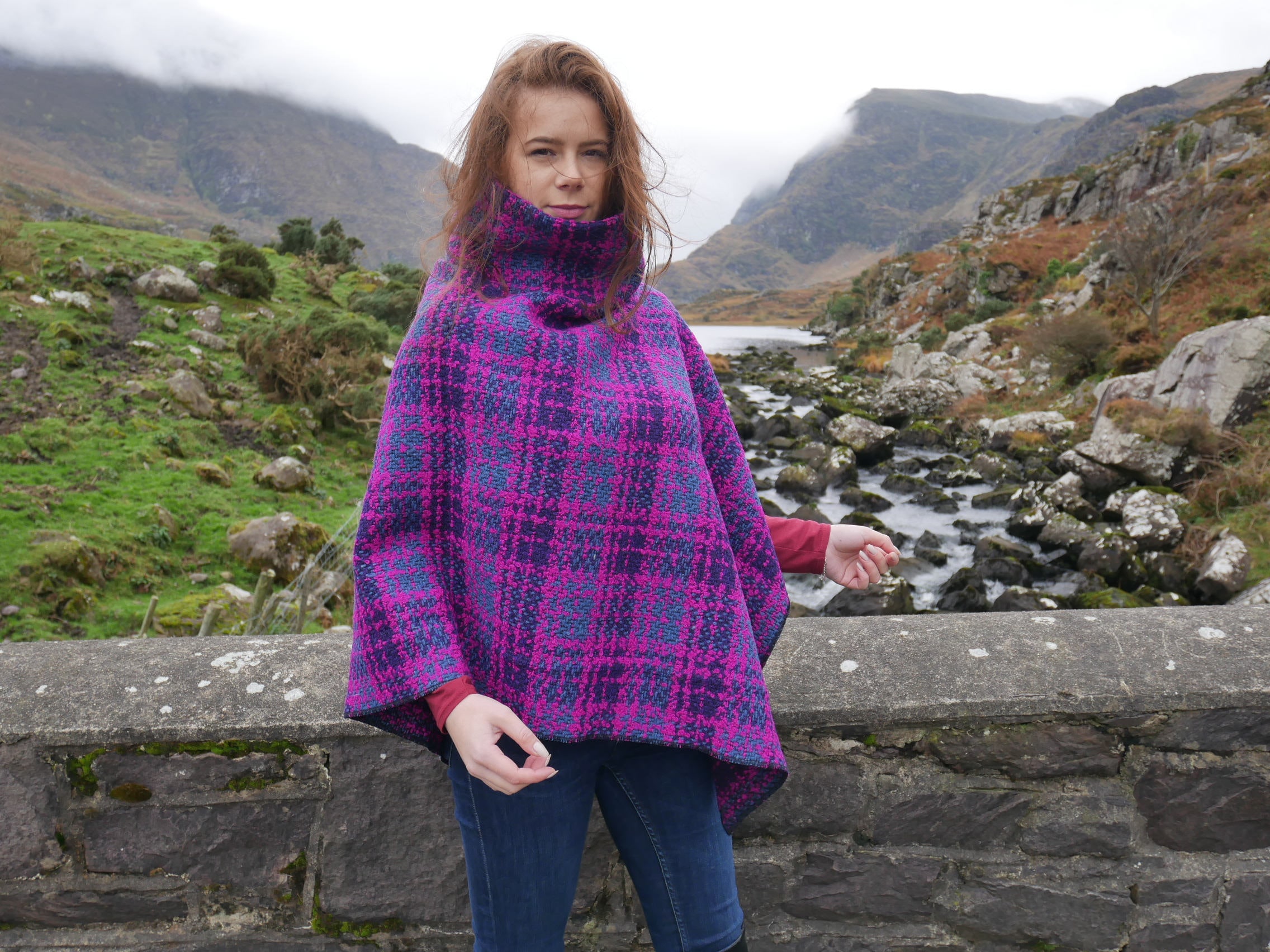 Irish tweed poncho/cape with turtleneck -100% wool-pink purple/navy ...