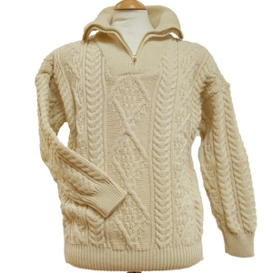 Organic Irish Wool Aran Half Zip Sweater Cream Undyed 100% Pure New Wool Chunky & Heavy Proper Aran Sweater MADE IN IRELAND image 7