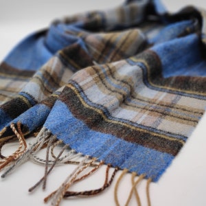 Irish Soft Lambswool Scarf -Blue/Brown/Beige- Traditional Vintage Tartan - 10&quot; X 78&quot; (25cmX200cm) - 100% Pure New Wool - HANDMADE IN IRELAND