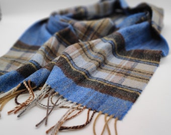 Irish Soft Lambswool Scarf -Blue/Brown/Beige- Traditional Vintage Tartan - 10" X 78" (25cmX200cm) - 100% Pure New Wool - HANDMADE IN IRELAND