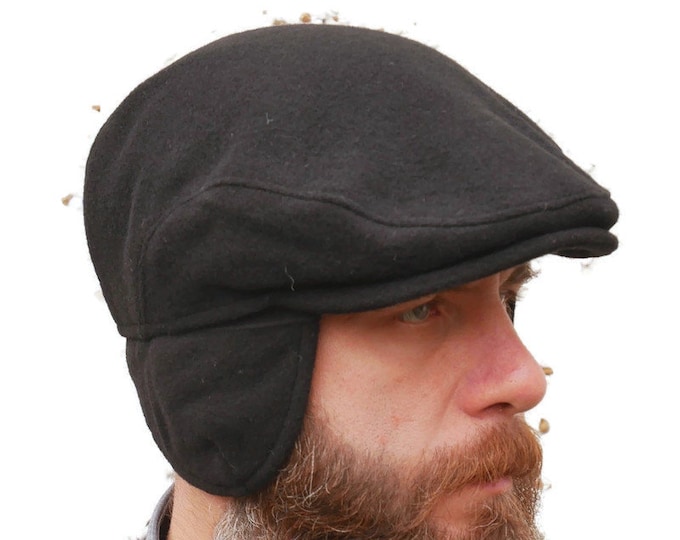 Traditional Irish Wool Flat Cap With Foldable Ear Flaps - Black - 100% Pure New Wool - Padded - HANDMADE IN IRELAND