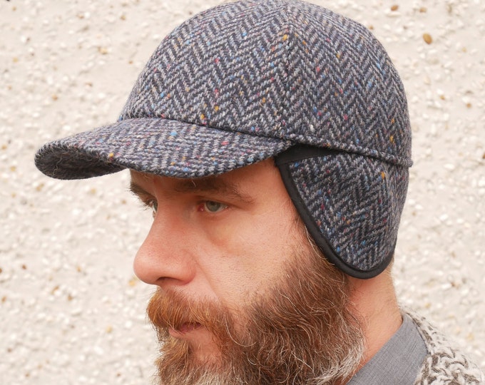 Irish tweed baseball cap- speckled navy/blue herringbone -with foldable ear flaps- 100% wool -padded- ready for shipping-HANDMADE IN IRELAND