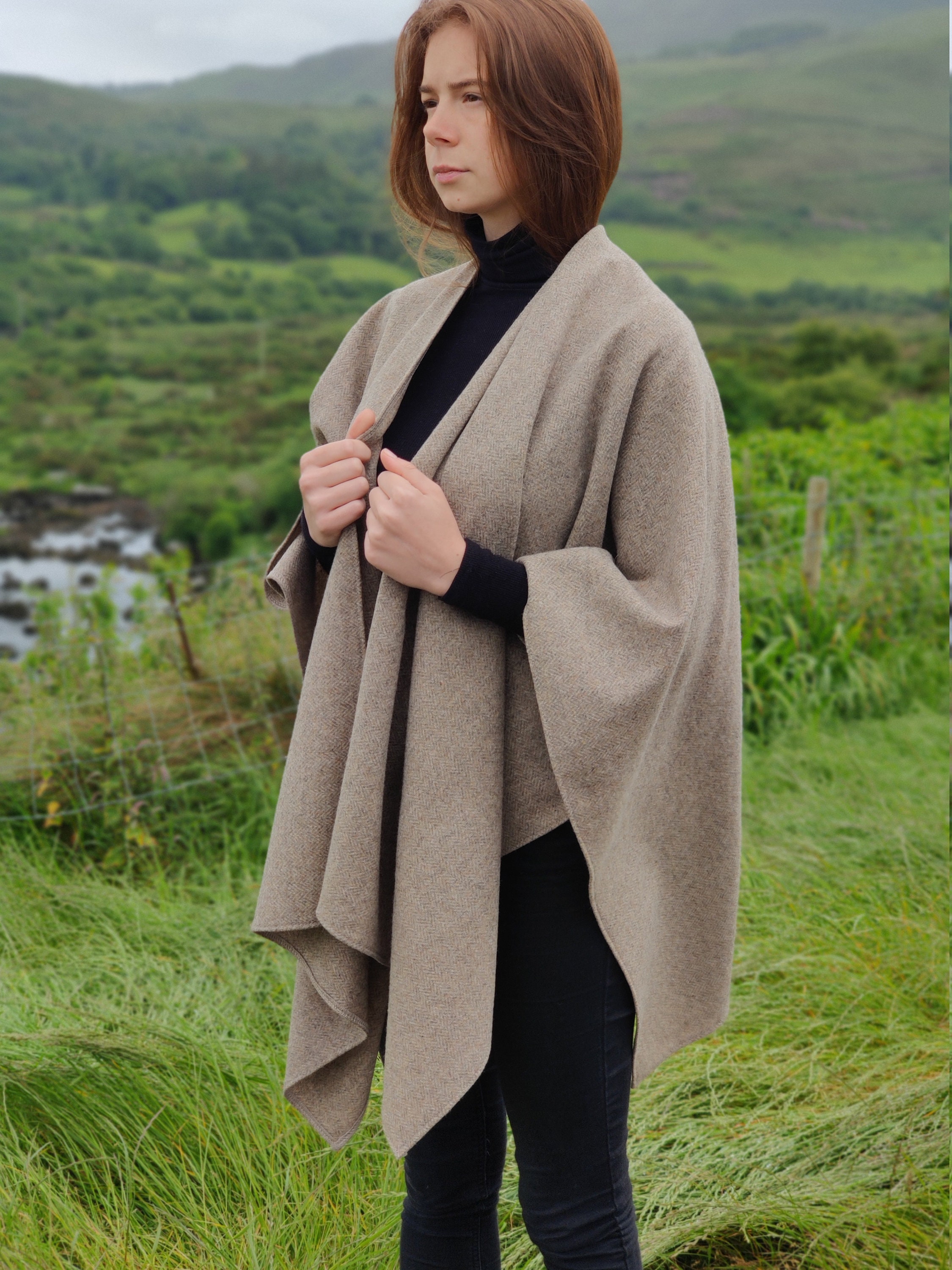 Irish woven wool hooded ruana wrap. cape, cloak, arisaid - pale ...