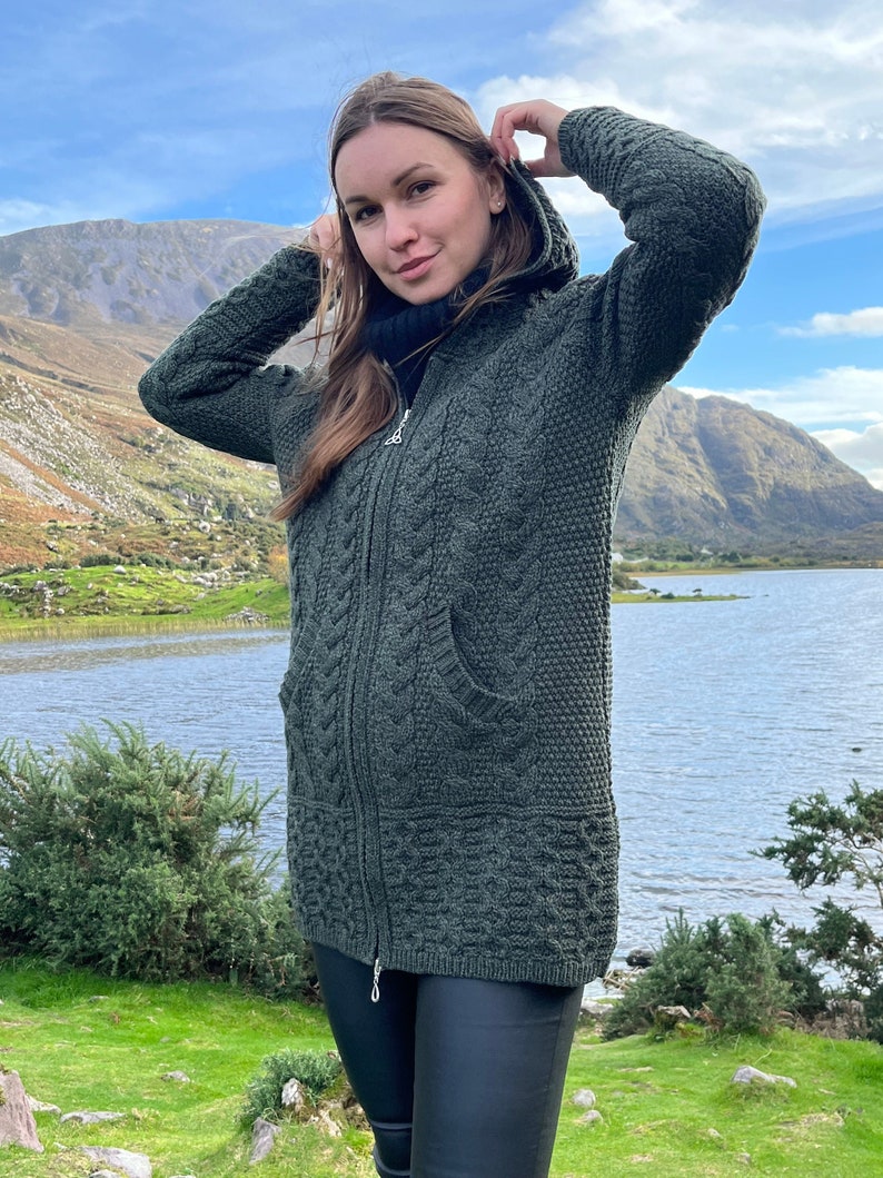 Irish Aran Long Hooded Cardigan With Pockets Dark Green Pure Merino Wool 100% Wool 2 Way Zipper Really Warm&Chunky MADE IN IRELAND image 1