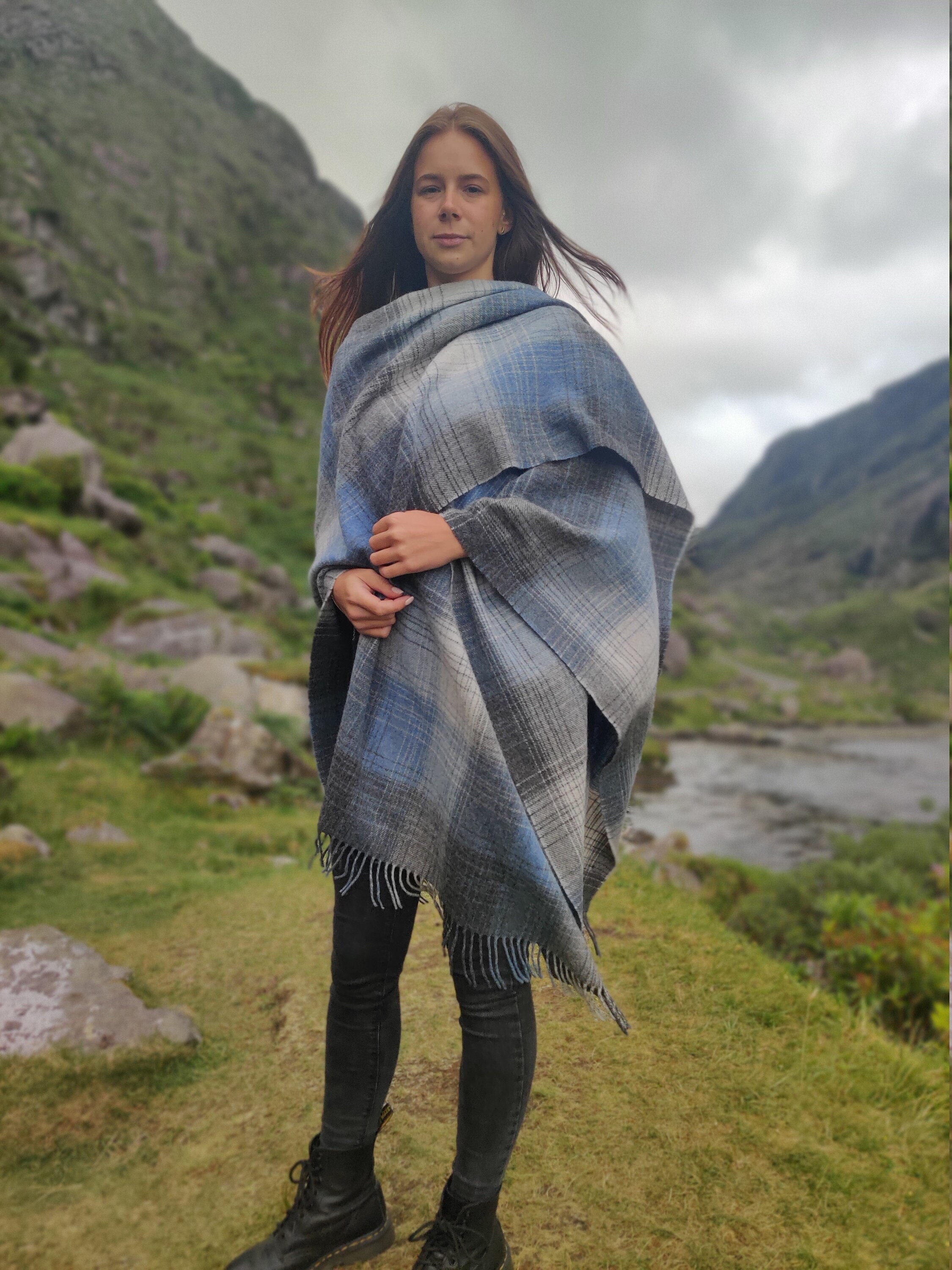 Irish Pure Lambswool Cape, Ruana, Wrap , Shawl 100% Pure New Wool  Beige/blue Check Supersoft One Size Fits All HANDMADE IN IRELAND -   Israel