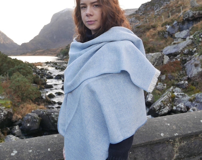 Irish tweed shawl,oversized scarf,stole-blue & white chevron- 100% wool -hand fringed -extra long - ready for shipping - HANDMADE IN IRELAND