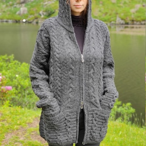 Irish Aran Long Hooded Cardigan With Pockets Charcoal 100% Pure New Wool / Pure Soft Merino Wool Really Warm & Chunky MADE IN IRELAND image 7