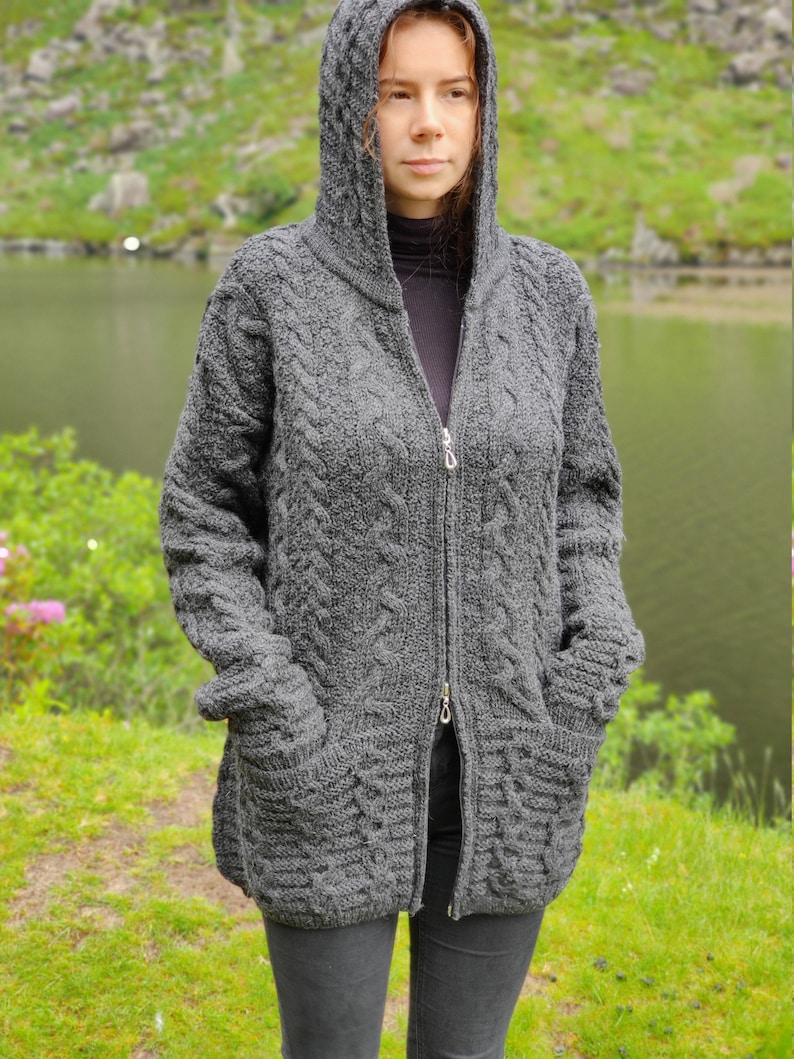 Irish Aran Long Hooded Cardigan With Pockets Charcoal 100% Pure New Wool / Pure Soft Merino Wool Really Warm & Chunky MADE IN IRELAND image 7