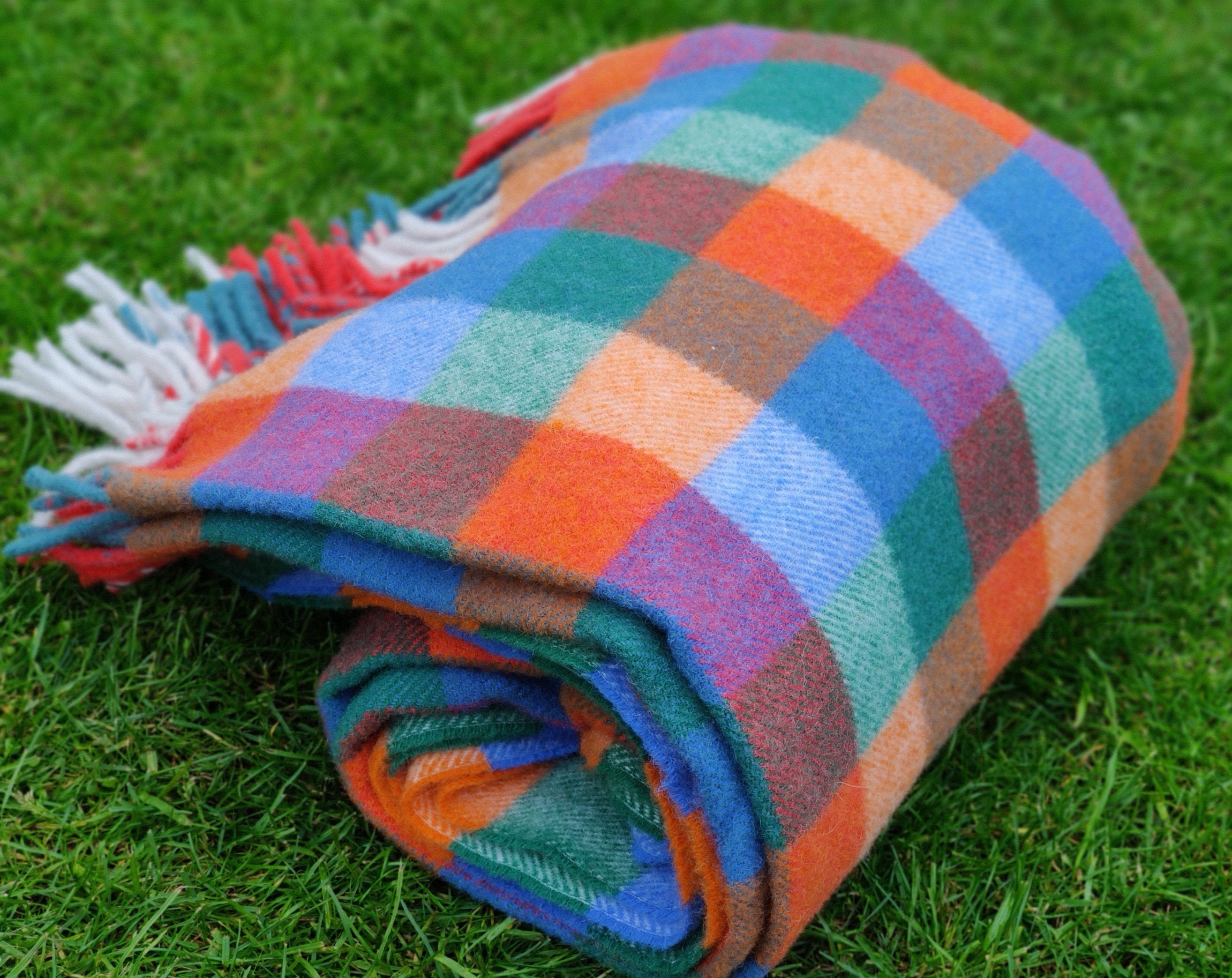 Irish thick and heavy wool blanket, throw - multicolur block check