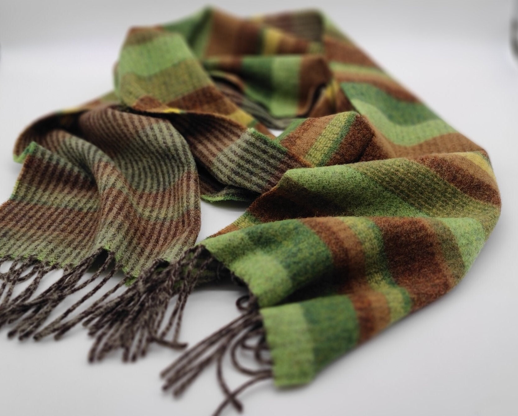 Irish Soft Lambswool Scarf - 100% Pure New Wool - Reversible - Brown/Green/Bronze  - Striped - 10 X 78 (25cmX200cm) - HANDMADE IN IRELAND