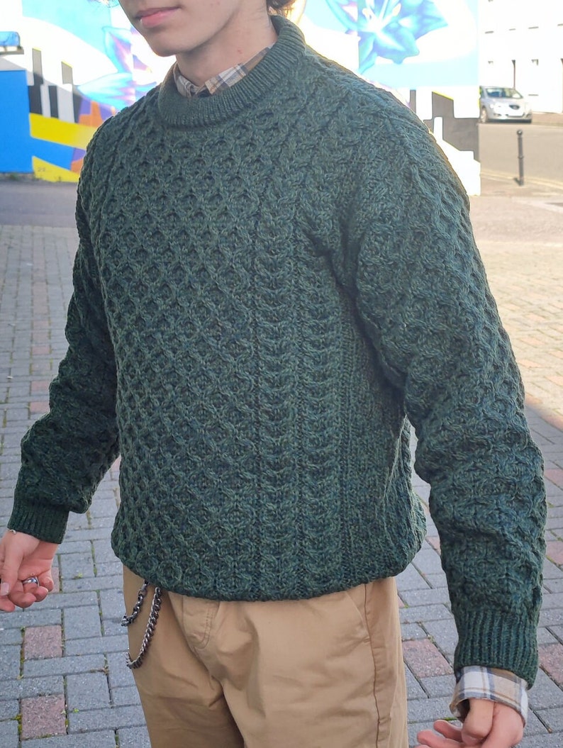 Traditional Aran Sweater 100% Pure New Wool / Pure Soft Merino Wool Dark Green Chunky & Heavy Proper Irish Sweater MADE IN IRELAND image 9