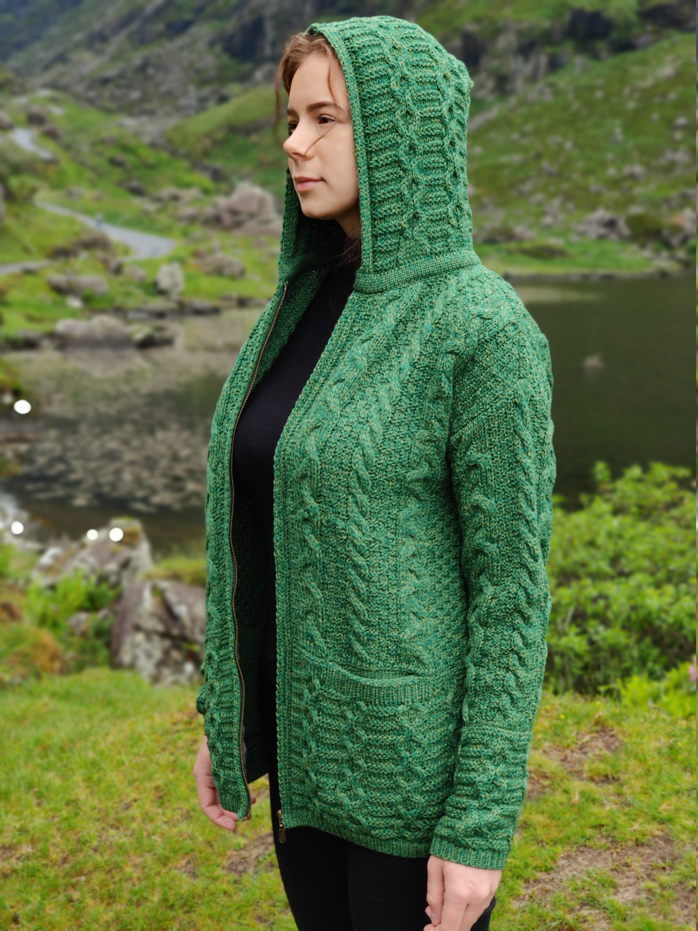 Irish Aran Long Hooded Zipper Cardigan With Pockets Green 100 Pure