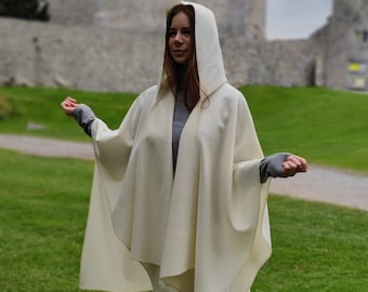 Irish Woven Wool Cape, Ruana, Wrap, Rectangle Cloak - 100% Pure New Wool - Cream / Off White - HANDMADE IN IRELAND