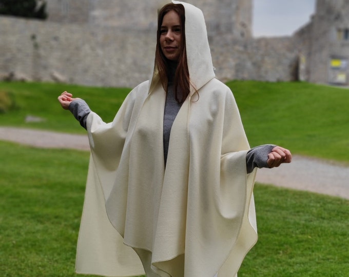 Irish Woven Wool Cape, Ruana, Wrap, Rectangle Cloak - 100% Pure New Wool - Cream / Off White - HANDMADE IN IRELAND