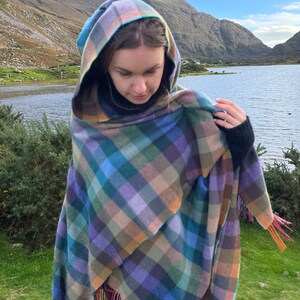 Hooded Supersoft Lambswool Cape, Ruana, Wrap , Shawl - 100% Pure New Wool - Multicolour Check - One Size Fits All - HANDMADE IN IRELAND image 3