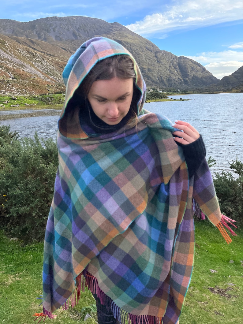 Hooded Supersoft Lambswool Cape, Ruana, Wrap , Shawl - 100% Pure New Wool - Multicolour Check - One Size Fits All - HANDMADE IN IRELAND image 3