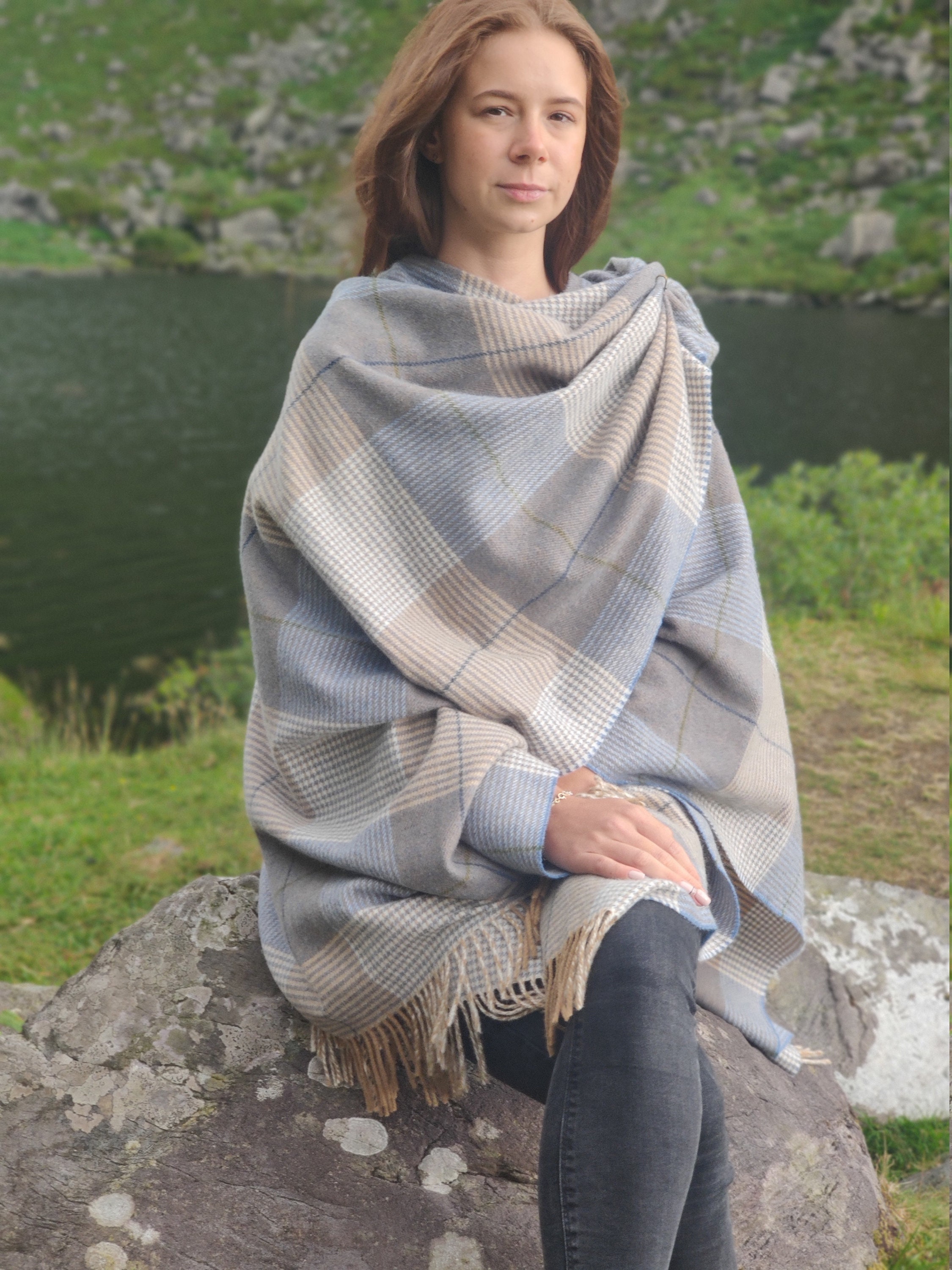 Hooded Irish Pure Lambswool Cape, Ruana, Wrap , Shawl - 100% Pure New Wool  - Grey Denim Check - Supersoft - HANDMADE IN IRELAND