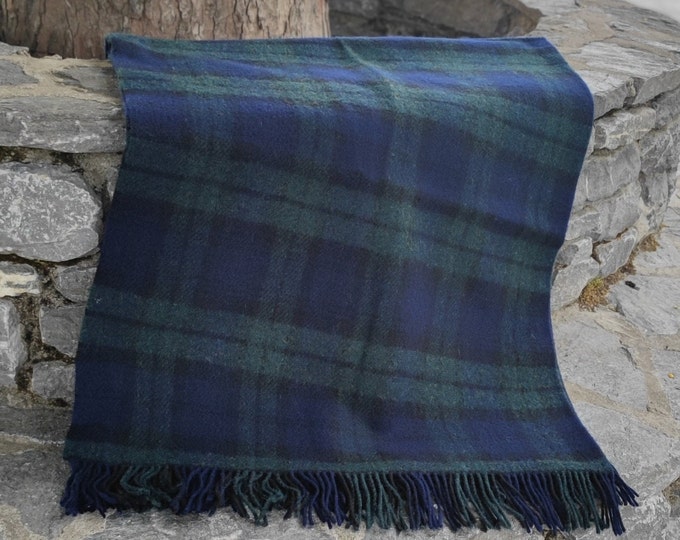 Large Irish Picnic Wool Blanket / Throw - 54" x 72" (137 x 182cm) - 100% Pure New Wool - Blackwatch Tartan / Plaid Check - MADE IN IRELAND