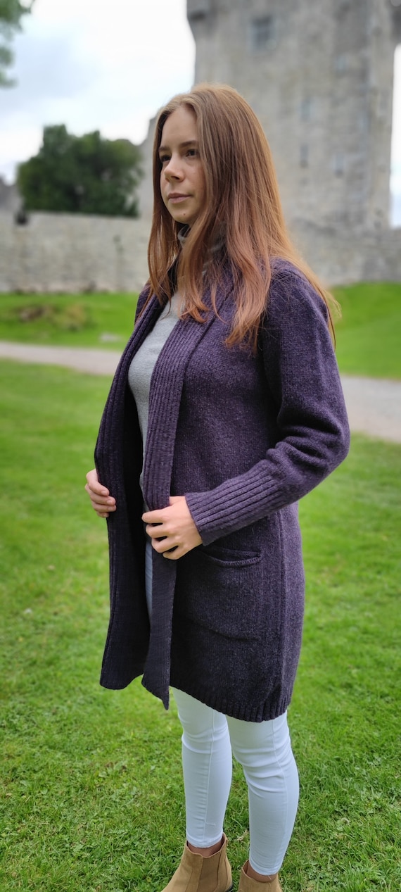 Rib Edge Knitted Long Ladies Jacket With Pockets 100% Pure New Soft  Lambswool elderberry Purple Really Warm&chunky HANDMADE IN IRELAND 