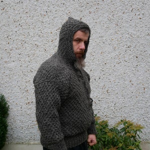 Irish Medieval sweater hooded dragon scale pattern 100% raw wool-organic-hand spun wool yarn UNDYED grey Hand knitted in Ireland image 4