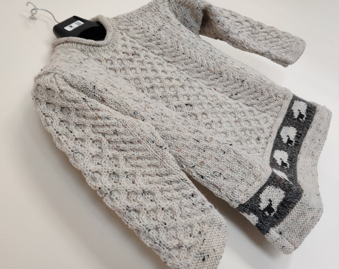 Kids Irish Aran sweater - 100% Pure New Wool - roll neck - cream with fleck - really warm and chunky - MADE IN IRELAND