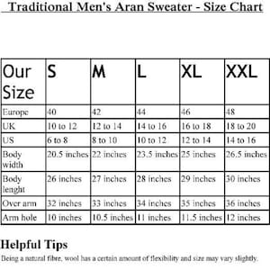 May include: Size chart for a traditional Aran sweater, showing measurements in inches for different sizes: S, M, L, XL, XXL. The chart includes measurements for body width, body length, over arm, and arm hole.