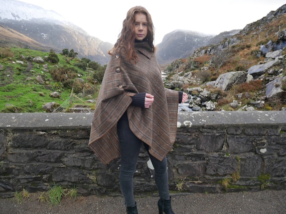 3in1-Ierse tweed poncho cape & shawl bruine Etsy Nederland